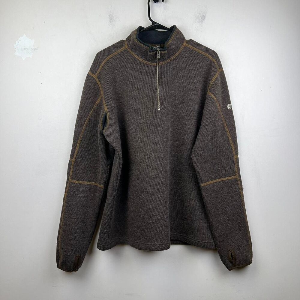 KUHL Thor ThermoKore 1/4 Zip Sweater Brown Fleece Wool Blend Pullover Size L